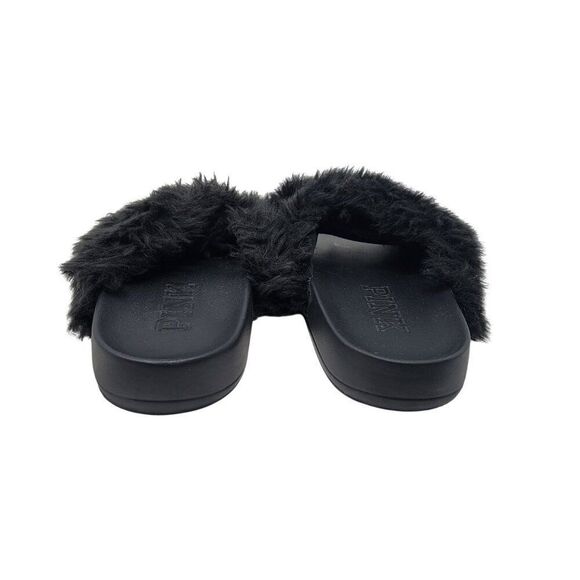 Victoria's Secret Pink Womens Faux Fur Slide Slippers Black S Fuzzy Open Toe - Picture 9 of 11